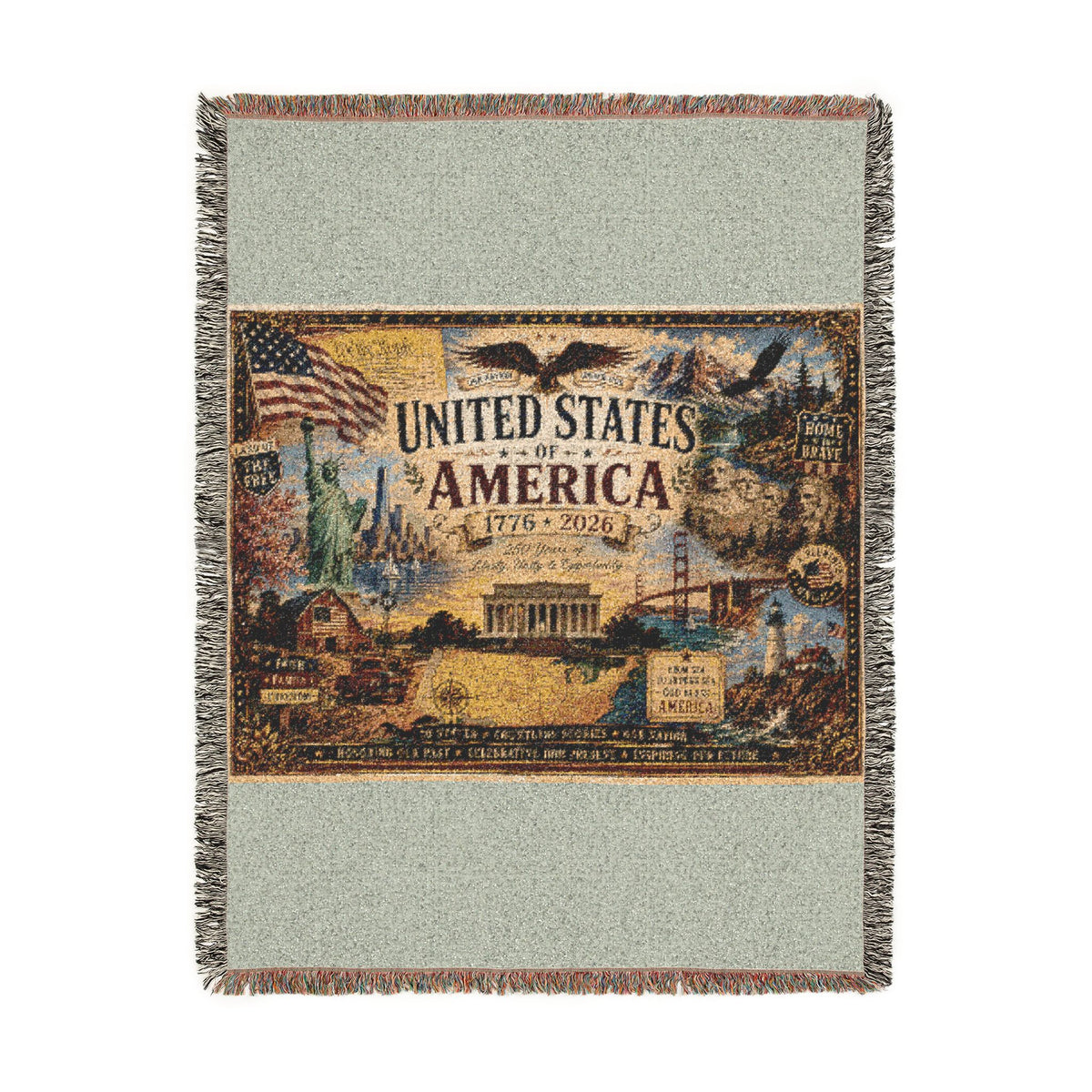 USA 250th Anniversary Woven Throw Blanket — Statue of Liberty, Mount Rushmore & American Flag Commemorative Throw