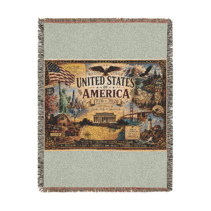 USA 250th Anniversary Woven Throw Blanket — Statue of Liberty, Mount Rushmore & American Flag Commemorative Throw