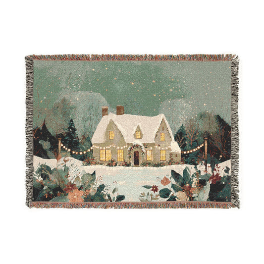 Cozy Snowy Cottage Woven Blanket — Holiday Winter Throw for Home Décor