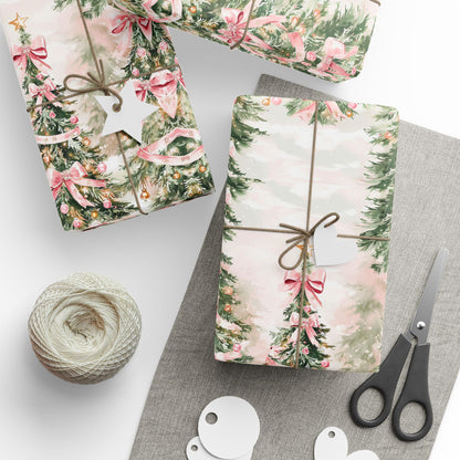 Romantic Coquette Christmas Gift Wrapping Paper with Pink Ribbon Trees