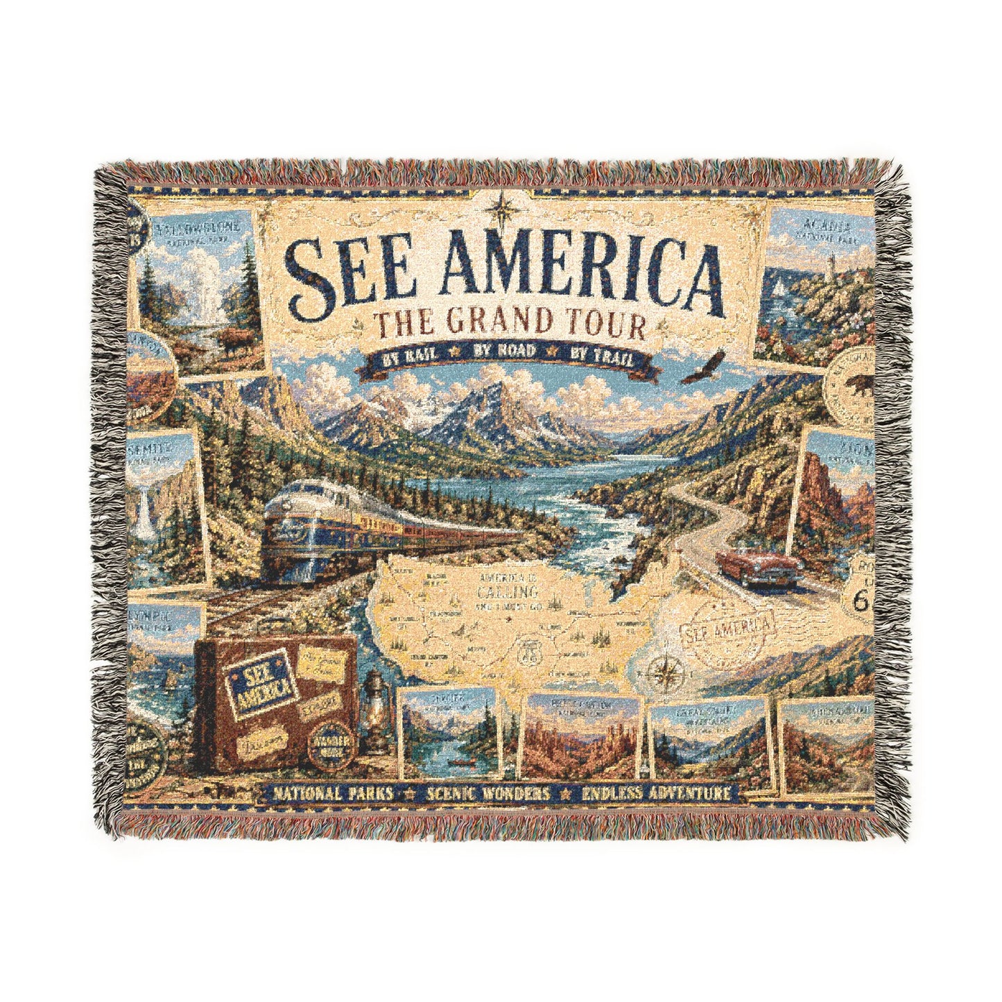 See America: The Grand Tour Woven Throw Blanket — Vintage Travel Map Design