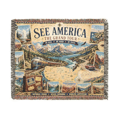 See America: The Grand Tour Woven Throw Blanket — Vintage Travel Map Design