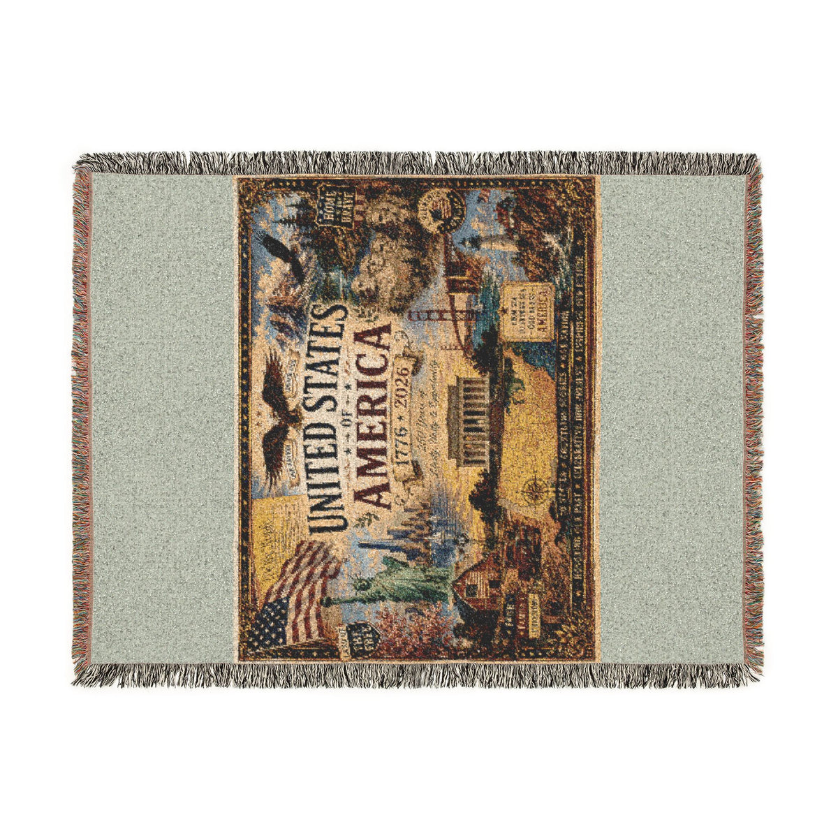USA 250th Anniversary Woven Throw Blanket — Statue of Liberty, Mount Rushmore & American Flag Commemorative Throw