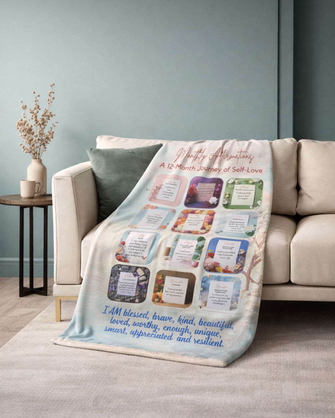 Monthly Affirmations Blanket — A 12 Month Journey of Self Love | Sherpa Throw | Mother's Day Gift for Her | Inspirational Gift for Women