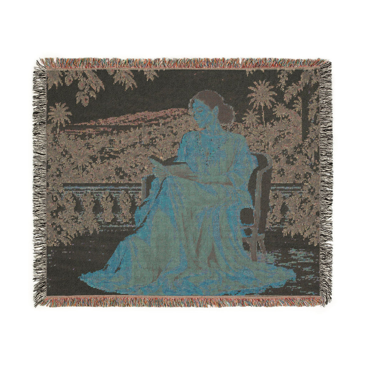 Woman Reading Blue Toile Woven Tapestry Blanket, Main Character Art, Book Lover Decor, 100% Cotton
