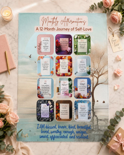 Monthly Affirmations Blanket — A 12 Month Journey of Self Love | Sherpa Throw | Mother's Day Gift for Her | Inspirational Gift for Women