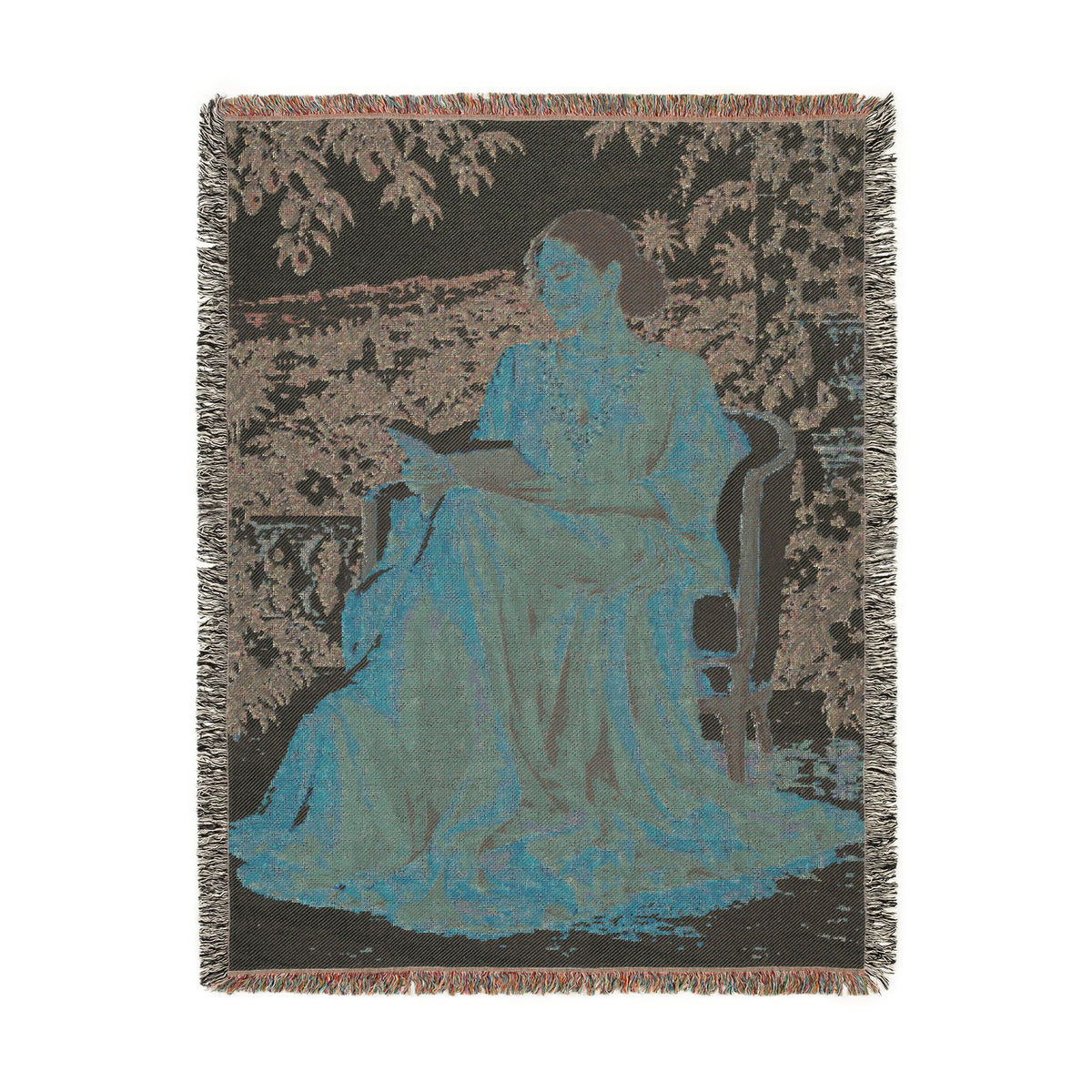 Woman Reading Blue Toile Woven Tapestry Blanket, Main Character Art, Book Lover Decor, 100% Cotton