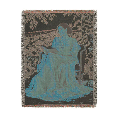 Woman Reading Blue Toile Woven Tapestry Blanket, Main Character Art, Book Lover Decor, 100% Cotton