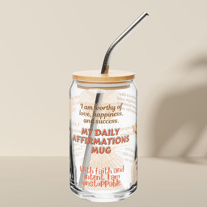 DAILY AFFIRMATIONS GLASS WITH BAMBOO LID & GLASS STRAW