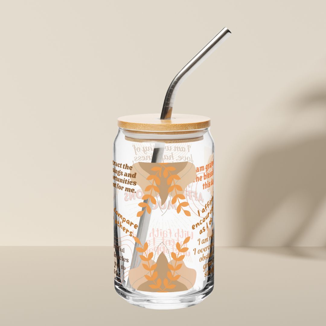 DAILY AFFIRMATIONS GLASS WITH BAMBOO LID & GLASS STRAW