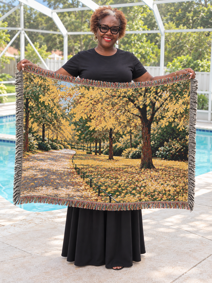 An October Walk Woven Throw — Autumn Park Landscape | 100% Cotton