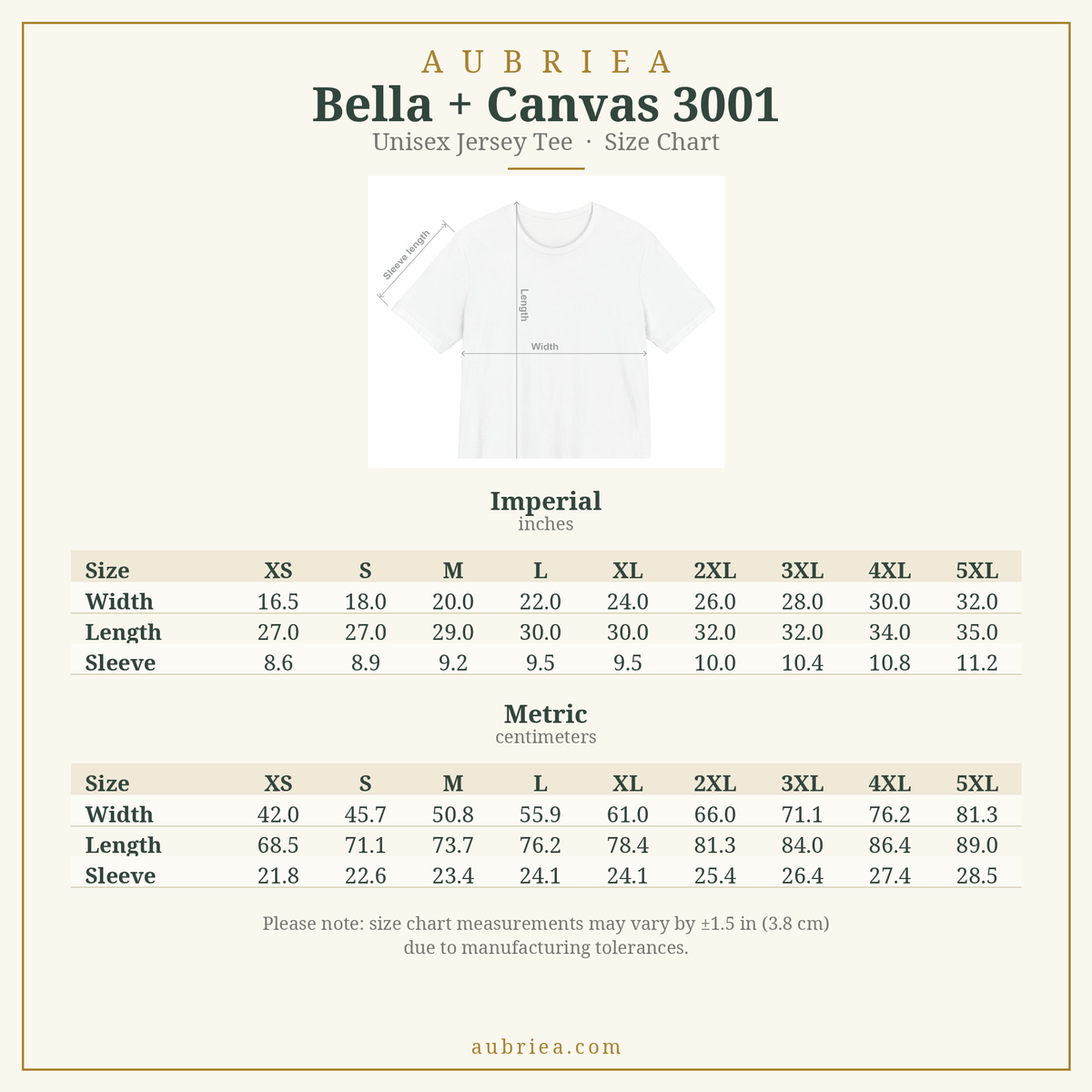 AUBRIEA size chart for the Bella + Canvas 3001 unisex tee: width, length and sleeve in inches and centimetres, sizes XS to 5XL