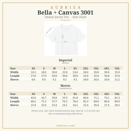 AUBRIEA size chart for the Bella + Canvas 3001 unisex tee: width, length and sleeve in inches and centimetres, sizes XS to 5XL