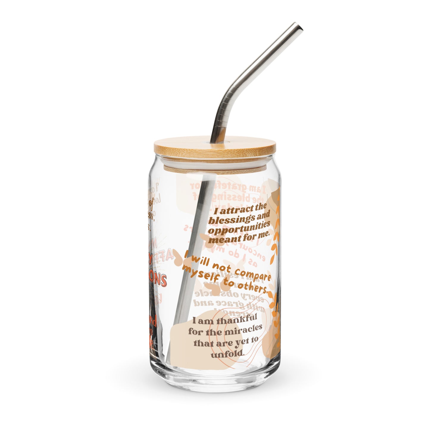 DAILY AFFIRMATIONS GLASS WITH BAMBOO LID & GLASS STRAW