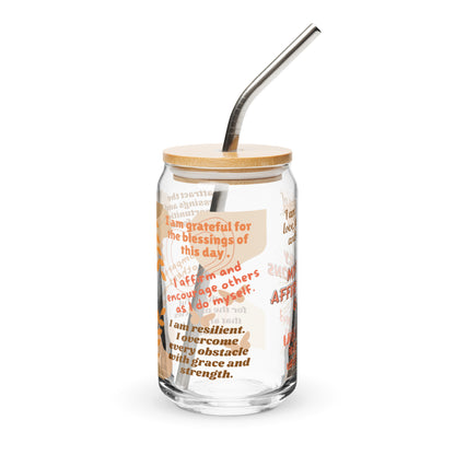 DAILY AFFIRMATIONS GLASS WITH BAMBOO LID & GLASS STRAW