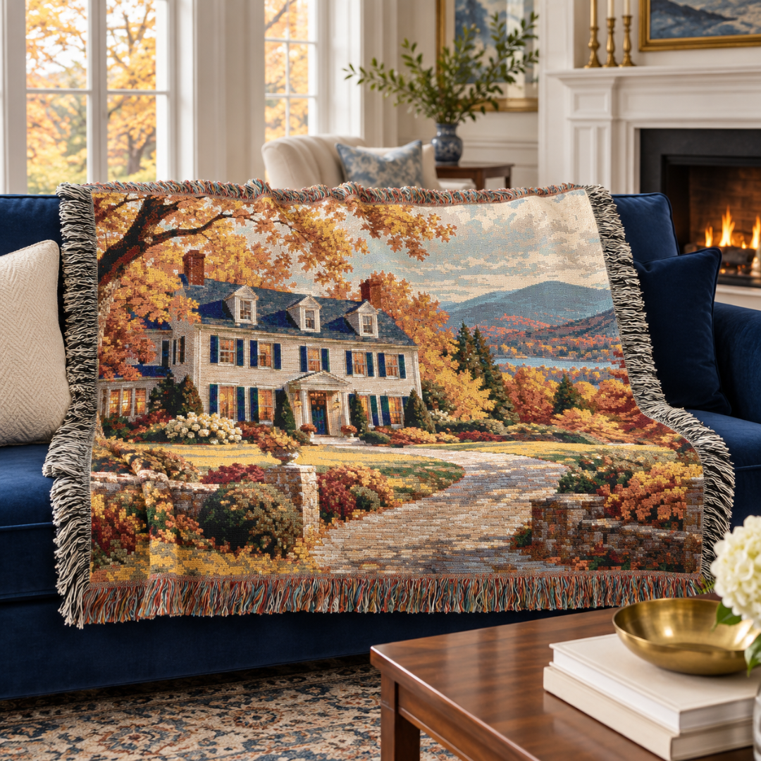 Autumn at Home Woven Throw — Colonial Landscape | 100% Cotton