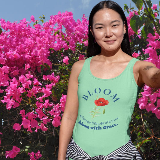 BLOOM: Wherever life plants you, bloom with Grace Women's Racerback Tank